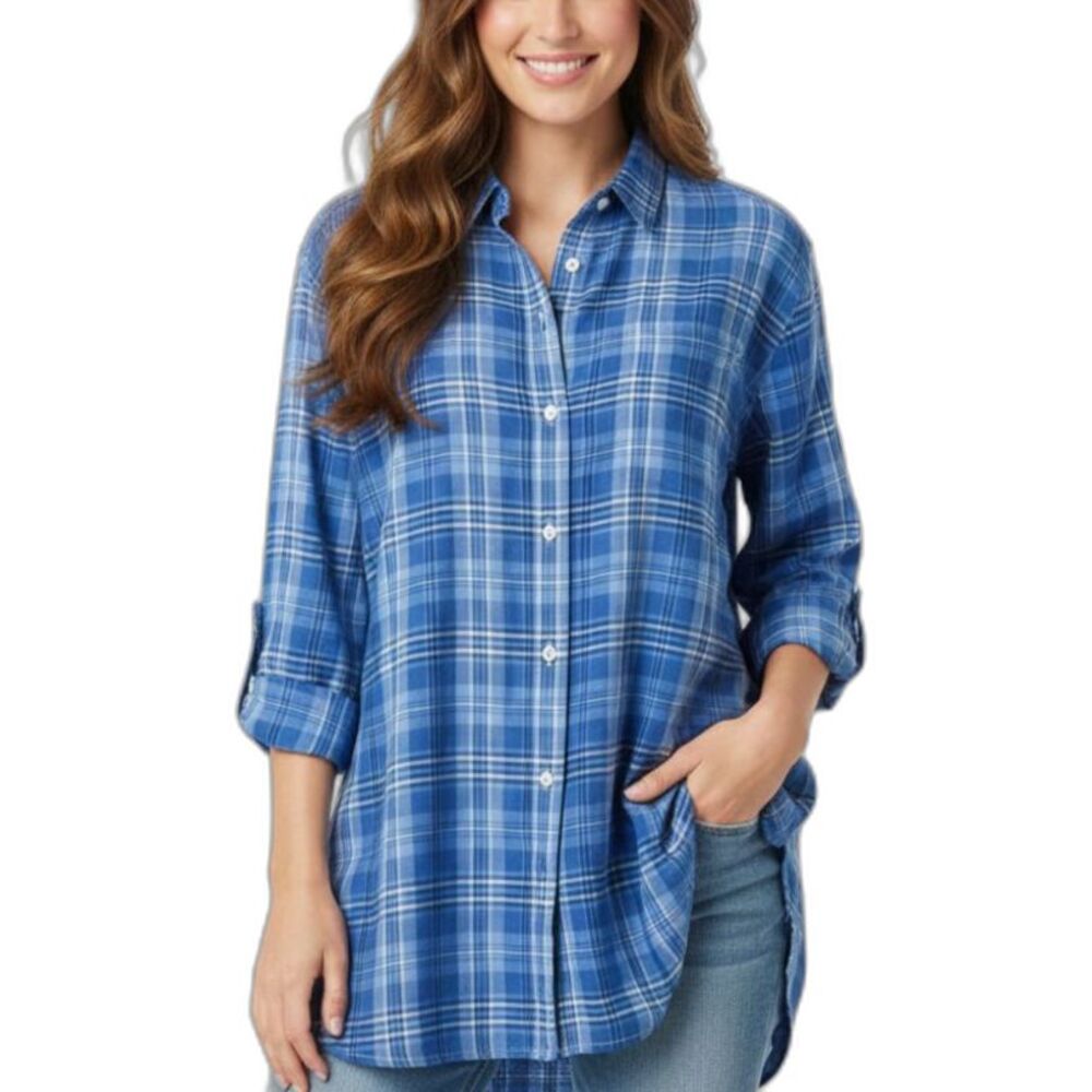 Lauren Ralph Lauren Jeans Co. Women's Blue Plaid Cotton Button-Up Tunic Shirt XL